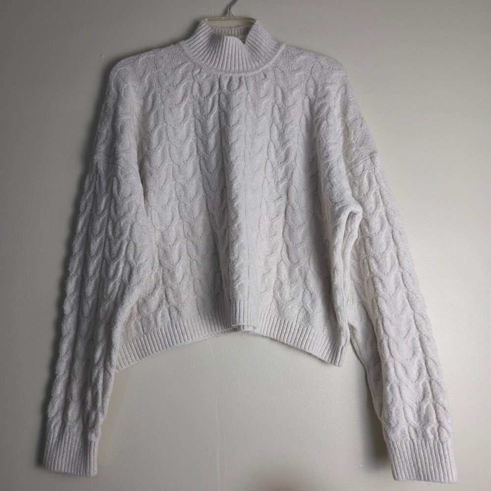 Womens Cream Cable Knit Mock Neck Oversized Chunky Soft Sweater Long Sleeve